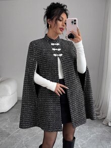 Elenzga Women New Chinese Style Stand Collar Frog Button Tweed Cape Coat, Black White Plaid Elegant Party Poncho Outerwear Autumn Winter - Black and White - View 3