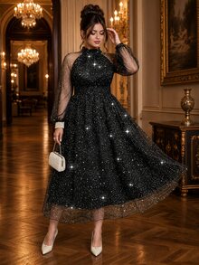 Roveilla Plus Size Elegant Celestial Black Foil High Neck Raglan Sleeve Cinched Waist Ruched Flared Formal Cocktail Evening Dress Autumn Halloween - Black - View 1