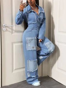 BamGleam Festival Standard Size Women's Blue Non-Stretch Distressed Patchwork Long Sleeve Denim Jumpsuit - Light Wash - View 6