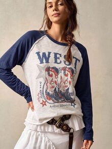 Bohemela Women's Colorblock Patchwork Western Boot Print T-Shirt - Multicolor - View 2