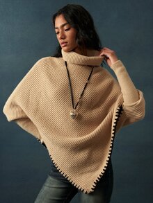 Bohemela Vintage High Neck Shawl Collar Shell Trim Knit Sweater - Apricot - View 1
