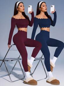 SHEIN Velisys Casual Sexy Fashion Lace Women Sports Sets For Running Yoga - Multicolor - View 2