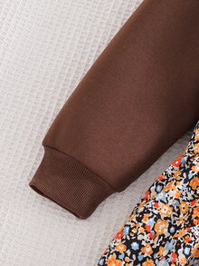 SHEIN 1pc Girls Brown Sweatshirt Patchwork Print 2 In 1 Dress, Casual Daily Dress For Autumn - Brown - View 5