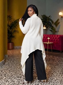 Slaydiva Plus Size Women's Knit Tunic, Turtleneck Hollow Asymmetric Hem Long Knit Layering Top Winter - Apricot - View 3