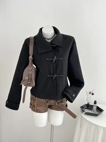 Elamini Autumn/Winter Fashion Women's Overcoat With Horn Buttons - Black - View 4