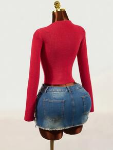 Mistrie Burgundy Ribbed Square Neck Long Sleeve Knit Crop Top With Metal Buckle Thin Strap Slim Fit Exposed Waist Sexy Knit Sweater - Burgundy - View 3