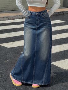 Rivivi 女款休閒牛仔迷你裙，附口袋與鈕扣，適合日常穿著，秋冬季，新年穿搭，新年裙 - 深色水洗藍 - 查看 5