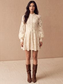 CielaLinda Women's Paisley Lace Cut-Out Mini Dress With Lantern Sleeves And Water-Soluble Embroidery - Apricot - View 2