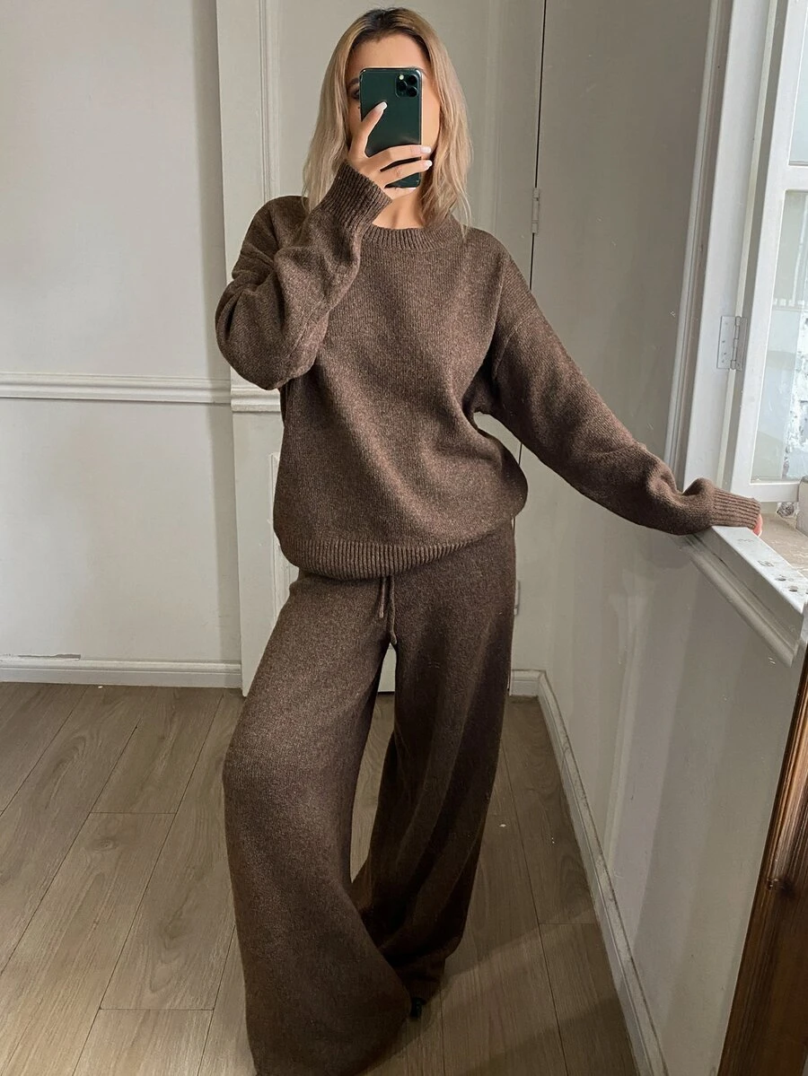 DAZY Women's Casual Loose Knit Sweater 2 Pieces Set - Brown - View 1