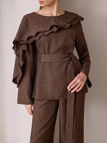 Graceveil Women's 2 Pieces Set With Layered Ruffle Waist Tie Cinched Top And Wide Leg Pants, Suitable For Commuting, Vacation, Daily Wear - Brown - View 1