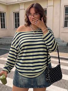 SHEIN CURVE+ 女款大尺碼 22W 秋季/冬季條紋寬鬆大尺碼 T 恤 - 彩色 - 查看 5