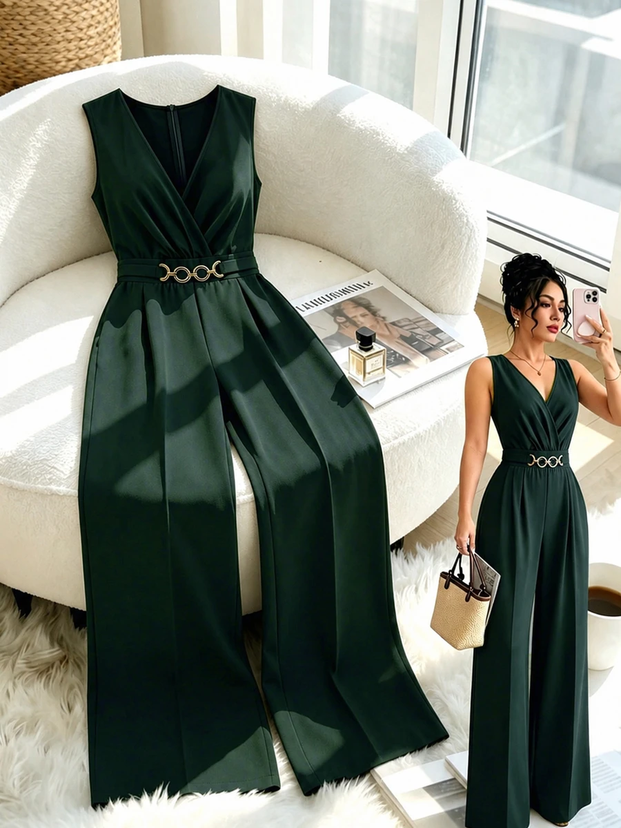 GlowEve CURVE Plus Size Women's Elegant Solid Color V-Neck Sleeveless Gold Decor Waist Buckle Cinched Waist Wide Leg Jumpsuit, Suitable For Spring/Summer Commuting And Daily Wear - Dark Green - View 1