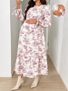 SHEIN 孕婦花卉印花哺乳休閒日常夏季洋裝 - 粉色 - 查看 7