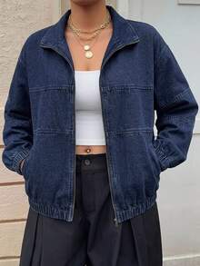 Dazy Plus Áo khoác denim nữ size lớn phong cách đường phố, màu xanh đậm giặt kiểu vintage, dáng rộng, cổ mở, tay dài, khóa kéo phía trước - Rửa tối - Xem 6