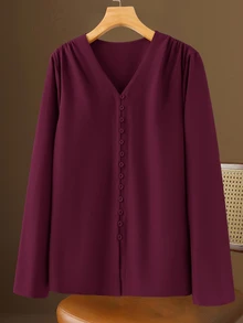 Rusticease Plus Size Solid Burgundy V-Neck Long Sleeve Button Front Casual Shirt Fall Winter 2026 - Burgundy - View 3