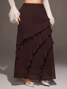 Viva Relle Plus Size Women's Solid Color Ruffle Hem Casual Versatile Skirt - Brown - View 4