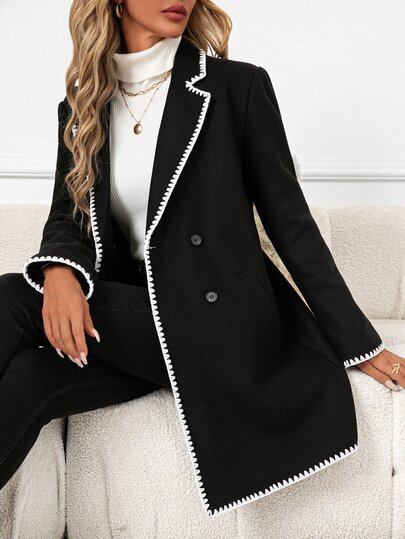 SHEIN Clasi Women's Autumn/Winter Fashion Contrast Trim Double-Breasted Overcoat