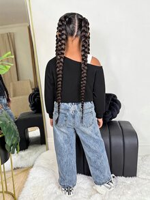 SHEIN SLAYR KIDS Young Girls Street Fashion Black Asymmetrical Shoulder Sweatshirt Top & Denim Effect Loose Pants Set - Baby Blue - View 2