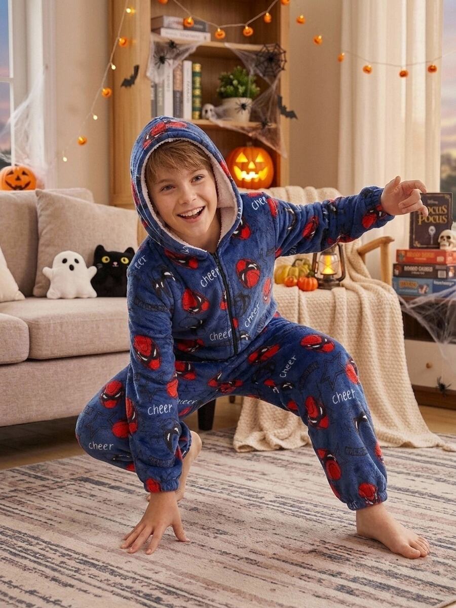 SHEIN Kids Tween Boy Autumn/Winter Pattern Long Sleeve Hooded Zip-Up Soft Skin-Friendly Flannel Lounge One-Piece Jumpsuit - Blue - View 1