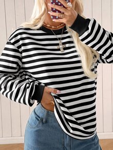 SHEIN EZwear 女款黑白條紋休閒舒適針織長袖衛衣，秋冬款 - 黑與白 - 查看 3