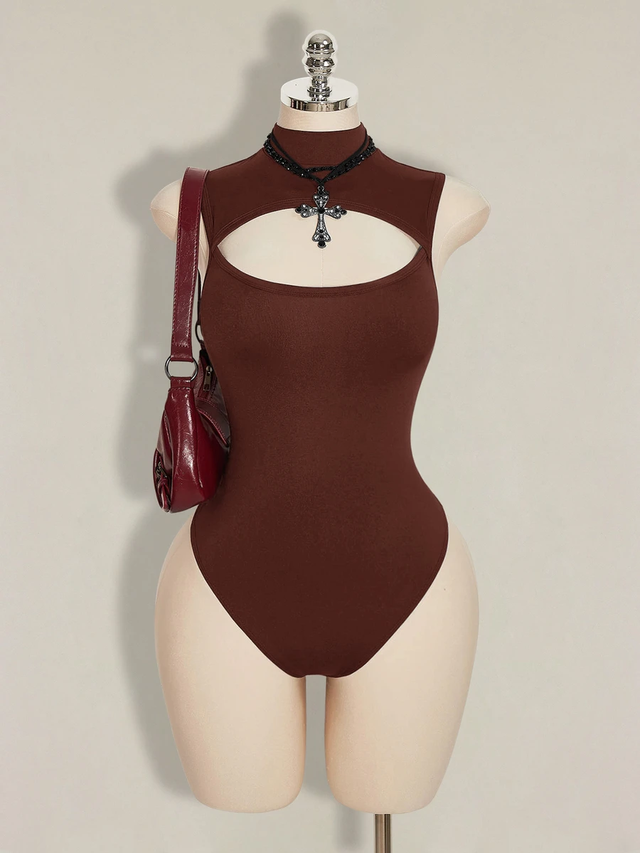 SHEIN ICON 女款大尺碼鏤空連身衣 - 摩卡棕 - 查看 1
