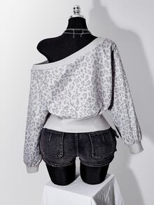 SHEIN ICON Plus Size Vintage Y2K Asymmetrical Shoulder Grey White Distressed Leopard Print Cinched Waist Long Sleeve Top - Multicolor - View 2