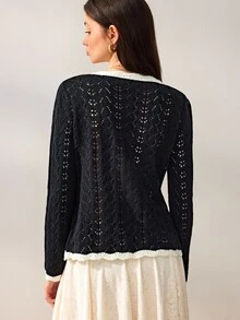 Willow Rêve Women's Black Fitted Cardigan, Cable Knit Hollow Out, Contrast Crochet Trim And Pearl Button Design, Western Romantic Style, Suitable For Autumn Wedding And Party Wear - Black and White - View 2