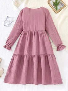 SHEIN 青少年女孩編織粉色圓領寬鬆休閒洋裝 - 粉色 - 查看 2