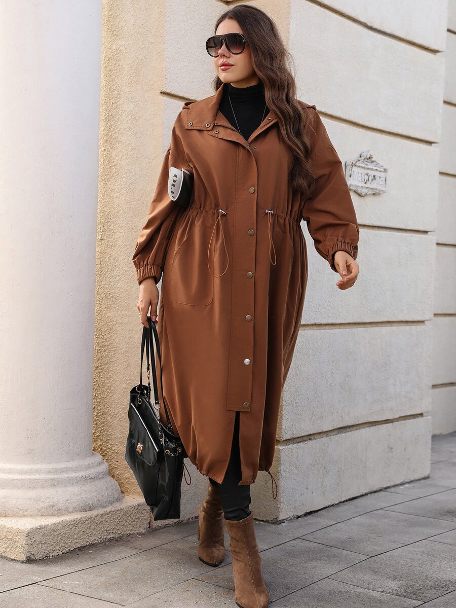 EMERY ROSE Jaket Panjang Kasual Berkerudung Wanita Ukuran Besar Warna Polos dengan Bahu Longgar dan Tali Serut di Pinggang - Coklat - View 1