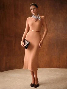 MOTF PREMIUM AUTUMN/WINTER ROUND NECK RIBBED KNIT SWEATER DRESS - Khaki - View 6