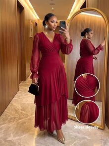 SHEIN Lady 大尺碼優雅時尚百褶網紗洋裝，適合晚宴、正式晚餐、婚禮，酒紅色，秋季款 - 酒紅色 - 查看 5