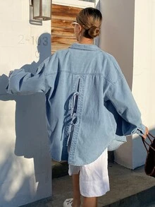 DAZY 女款休閒牛仔夾克，後背開衩綁帶設計，秋季款 - 藍色 - 查看 4