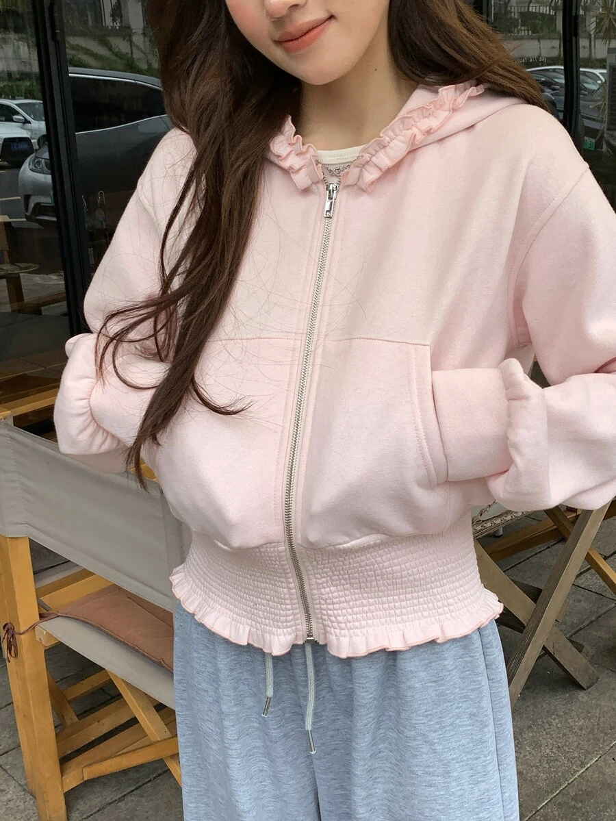 DAZY Pink Ruffle Trim Hooded Zipper Waist-Cinching Ruched Hem Long Sleeve Cropped Casual Cute Sweatshirt Jacket Fall - Pink - View 1