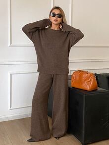 DAZY Women's Casual Loose Knit Sweater 2 Pieces Set - Brown - View 2