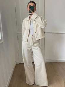DAZY Autumn White Collared Button Pocket Decor Short Denim Jacket With Wide Leg Denim Pants Set - White - View 3