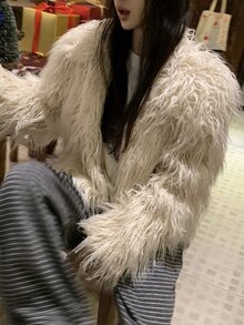 Livesso White Long Curly Faux Fur Loose Short Open Front Long Sleeve Fashion Jacket - White - View 3