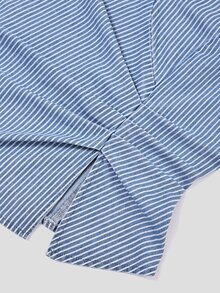 Sweetra French Style Elegant Polo Collar Striped V-Neck Short Sleeve Slim Fit Women's Washed Denim Shirt - Blue - View 4