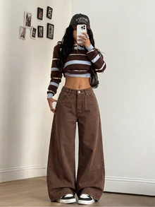 Attitoon Women's Letter Print Wide Leg Jeans - Coffee Brown - View 2