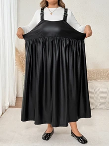 SHEIN CURVE+ Plus Size Summer Casual Solid Color Spaghetti Strap Dress - Black - View 4