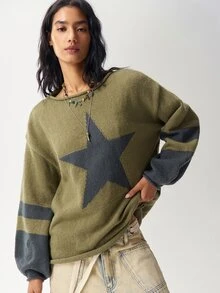 Bohemela Women's Casual Colorblock Patchwork Star Pattern Sweater, Autumn/Winter - Green - View 4