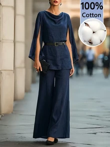 SHEIN Navy Blue Cowl Neck Split Sleeve Cotton Set Women's High-End Commute Drape Wide Leg Pants Two Pieces Office Autumn Elegant - Navy Blue - View 2