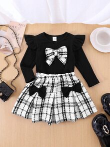 SHEIN Baby Girl Bow Decor T-Shirt And Tweed Skirt Set - Black - View 8
