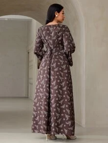 Veilorie Women's French Style Ruched Waist Jacquard Long Sleeve Dress - Coffee Brown - View 3