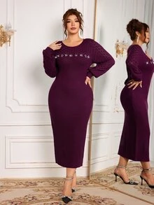 Modelyn Plus Size Fashion Vintage Rhinestone Long Sleeve Sweater Dress - Red Violet - View 4