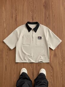 SWAVVY Men's Contrast Color Short Sleeve Zipper Design Casual Polo Shirt - Khaki - View 1