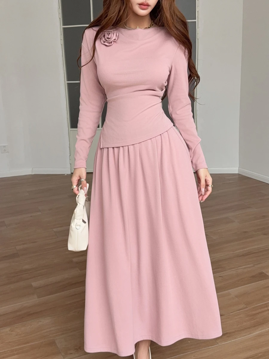 Feyla Women's Solid Color 3D Floral Decor Long Sleeve Top And Skirt Elegant Two Pieces Set - Pink - View 1