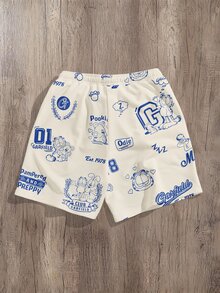 GARFIELD | SHEIN Manfinity Joysei Men's Plus Size Letter Cartoon Print Drawstring Waist Casual Shorts - Apricot - View 2