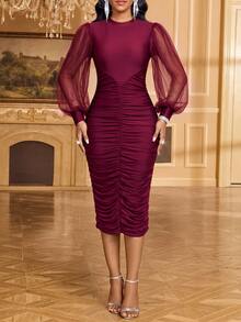 Fleurora Women's Solid Color Contrast Mesh Lantern Sleeve Pleated Elegant Mid-Length Dress - Burgundy - View 3