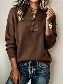 Omancia Elegant Ruyi Button Long Sleeve Women's Sweater - Brown - View 5