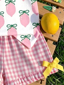 Baby Girl Casual Fashion Cute Lemon Bow Print, Cute Flutter Sleeve Round Neck Top Suitable For Spring And Summer - Multicolor - View 4